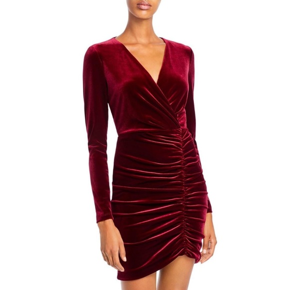 BLACK HALO EUC Ruched Velvet Long Sleeve V Neck Mini Cocktail Sheath Dress